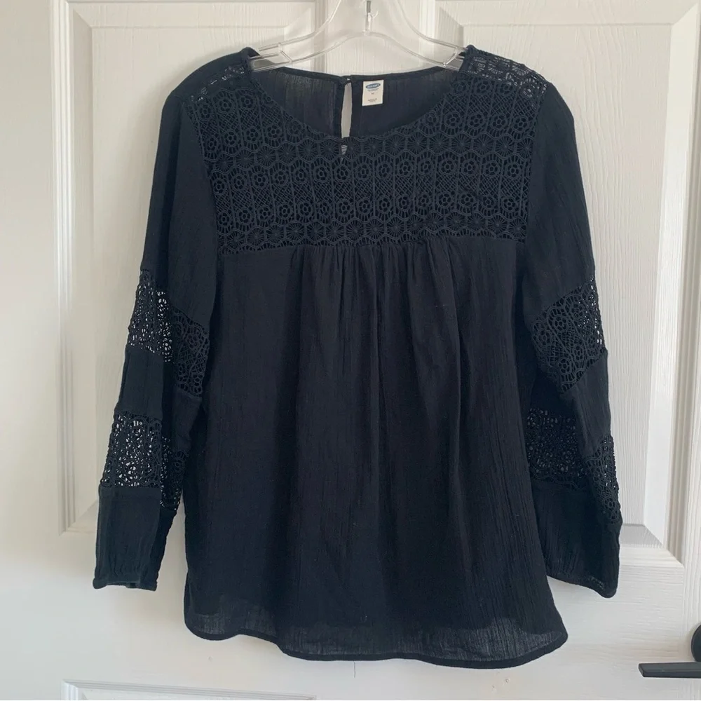 Old Navy Black Crochet Yoke Peasant Blouse Medium - Picture 4 of 6